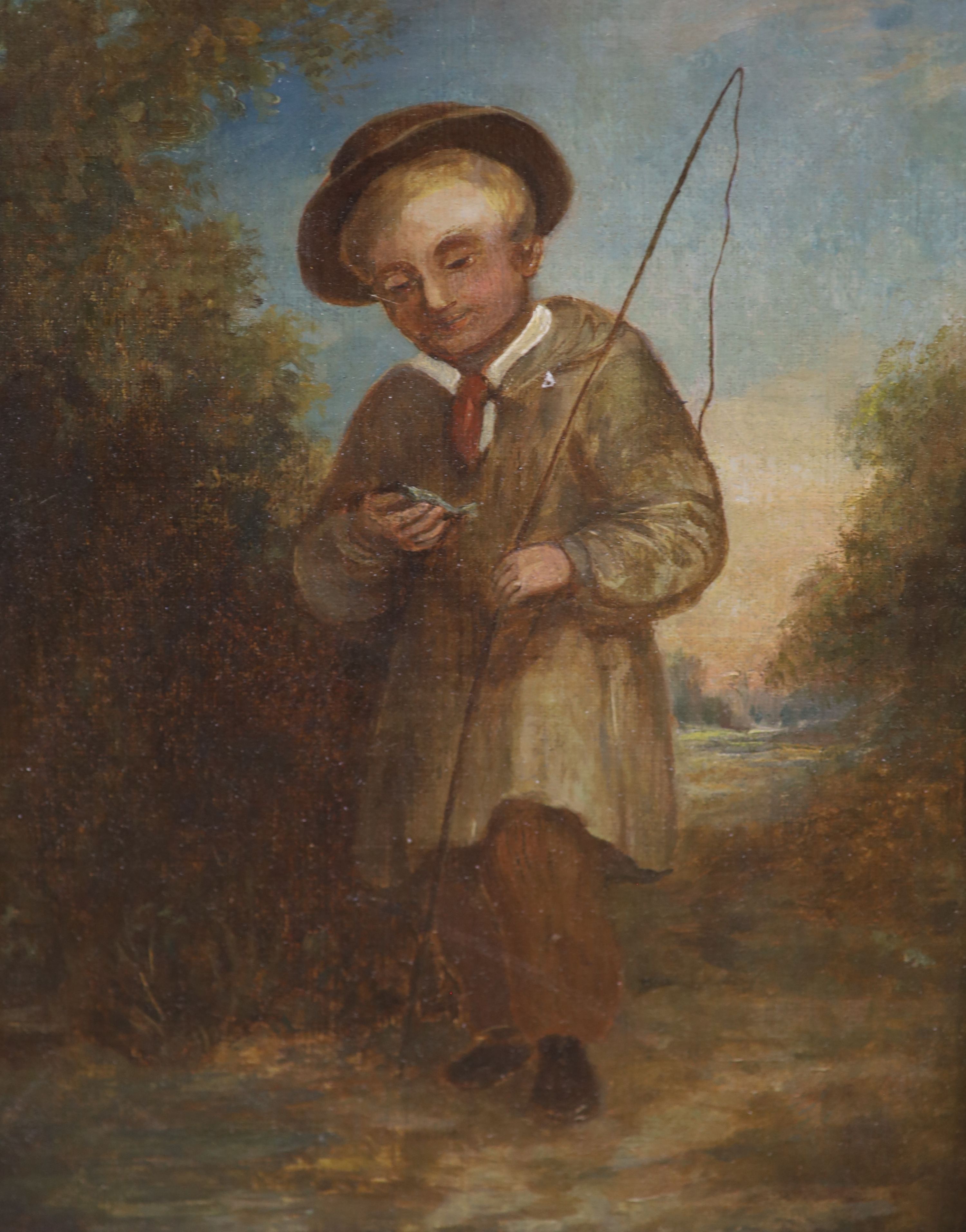 Victorian School, oil on canvas, Study of a boy angler, 24 x 19cm and an oleograph after Rembrandt